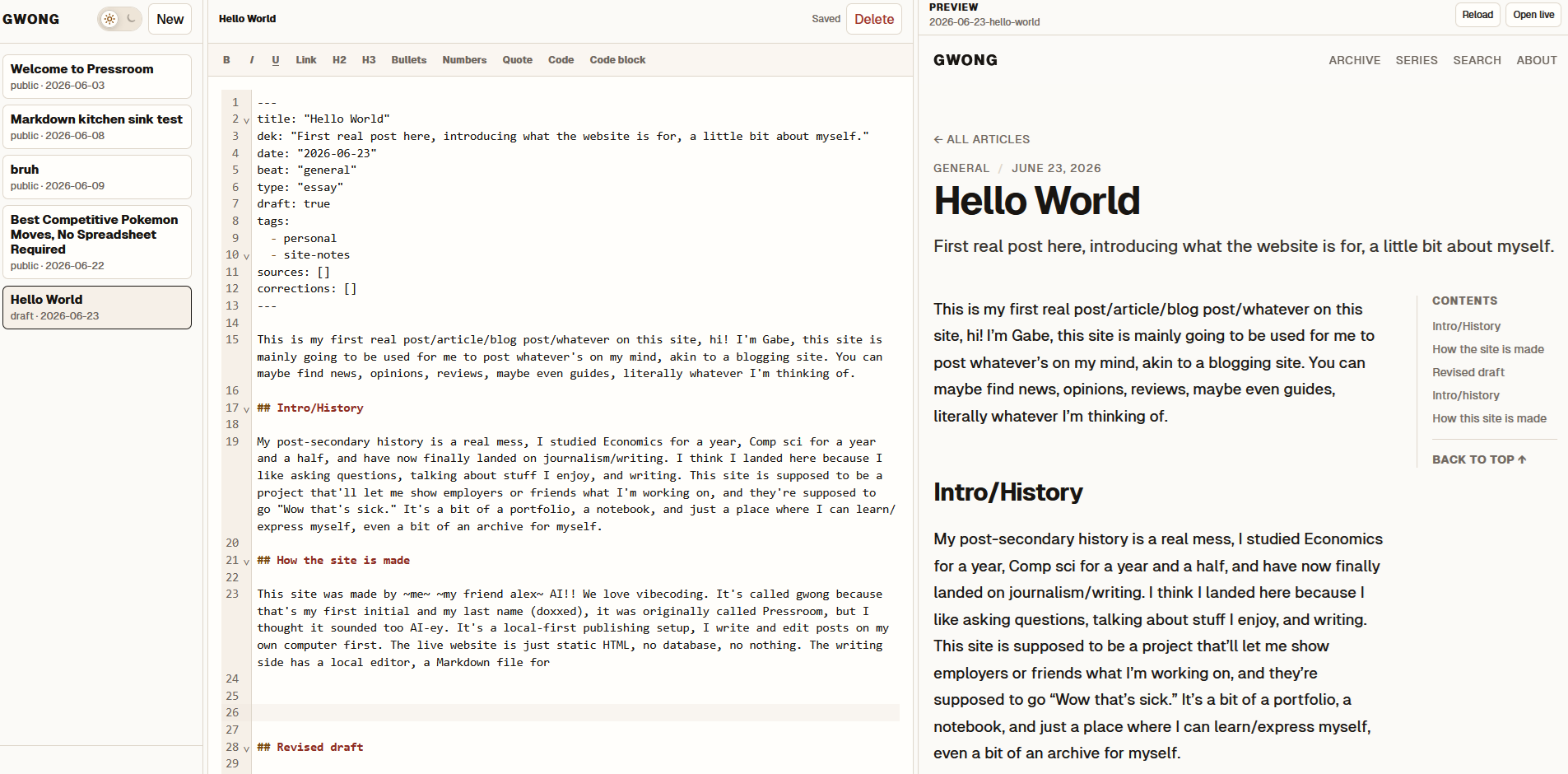 Screenshot of the Pressroom editor